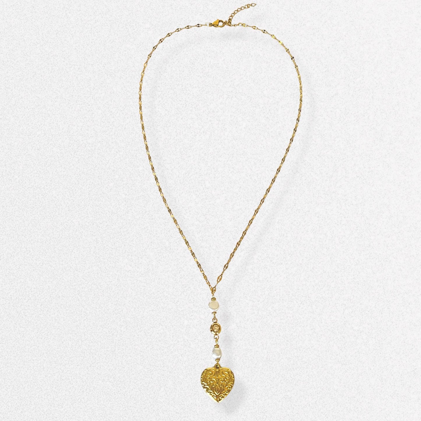 Vintage Style Heart Lariat Necklace - Freshwater Pearls & Crystals, Dainty Vintage Romantic Feminine Jewelry