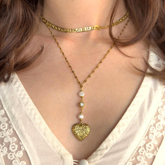 Vintage Style Heart Lariat Necklace - Freshwater Pearls & Crystals, Dainty Vintage Romantic Feminine Jewelry