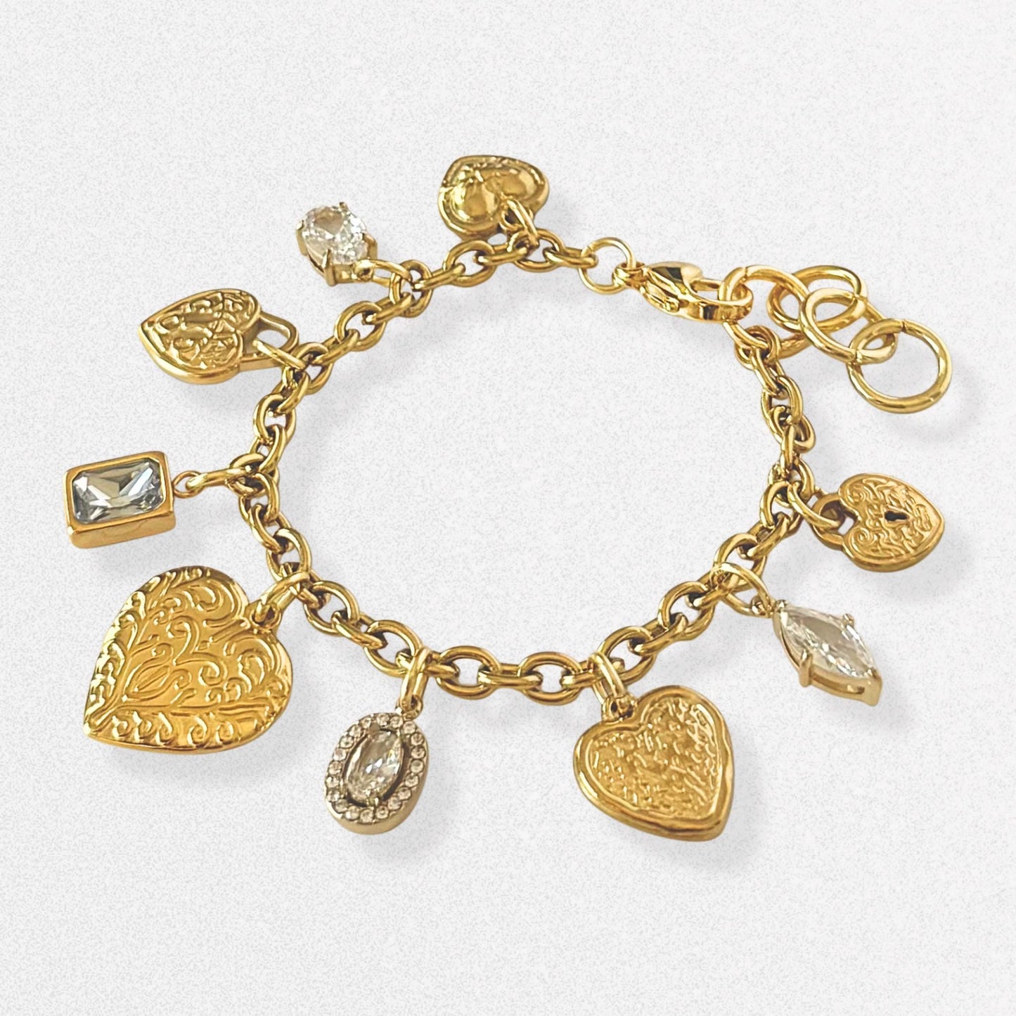 Vintage Style Hearts Charm Bracelet - Crystals, Dainty Vintage Romantic Feminine Jewelry, Stainless Steel