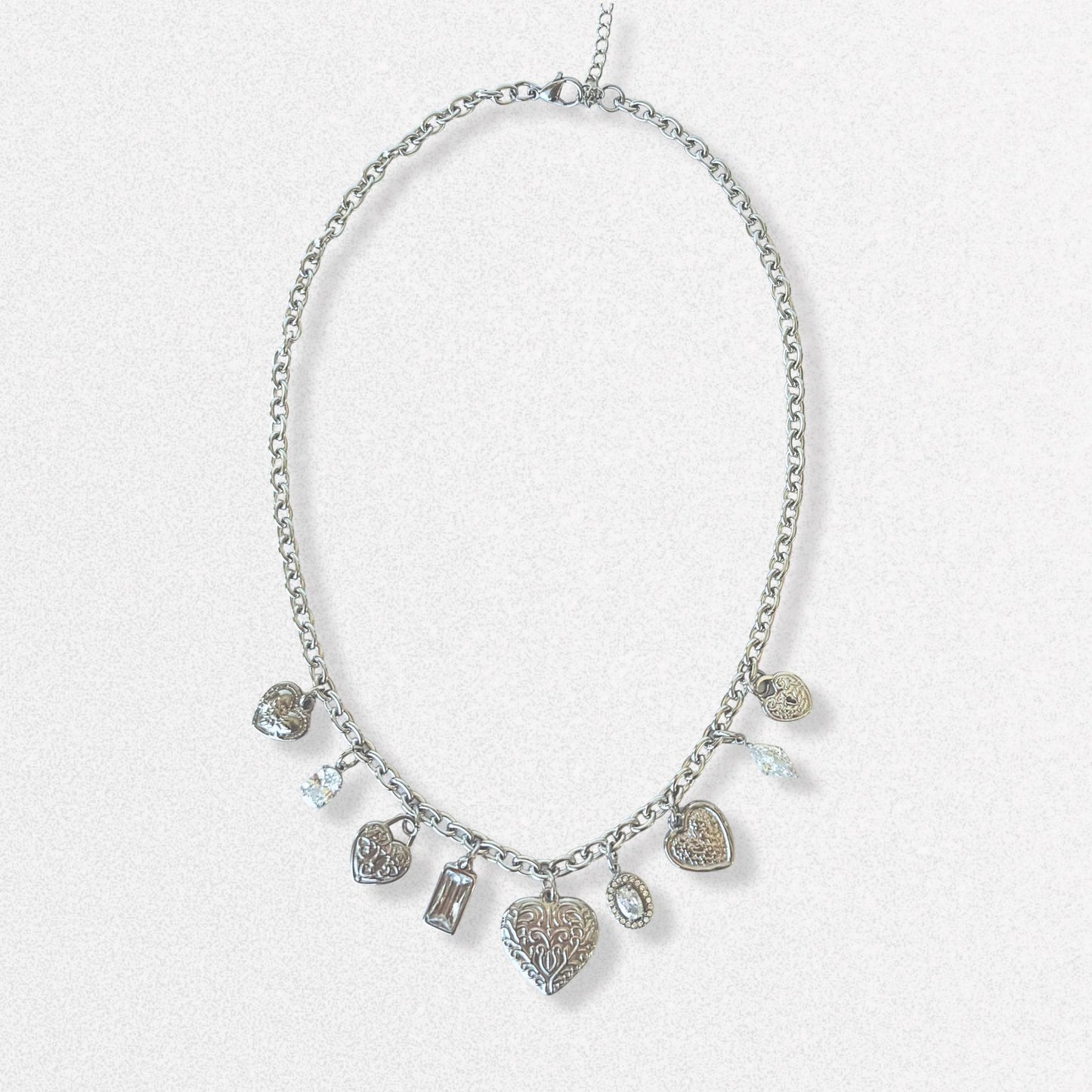 Vintage Style Hearts Charm Necklace - Crystals, Silver Dainty Vintage Romantic Feminine Jewelry, Stainless Steel
