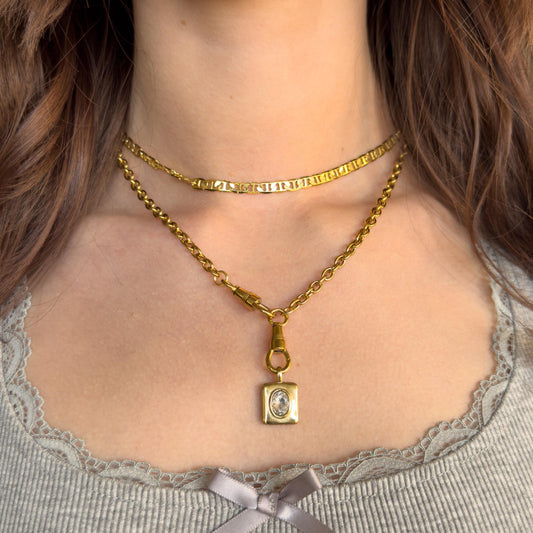 18k Gold Vintage Style Rectangular Crystal Necklace - Stainless Steel Layering Antique Style Jewelry