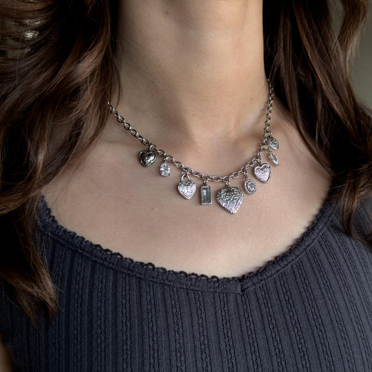 Vintage Style Hearts Charm Necklace - Crystals, Silver Dainty Vintage Romantic Feminine Jewelry, Stainless Steel
