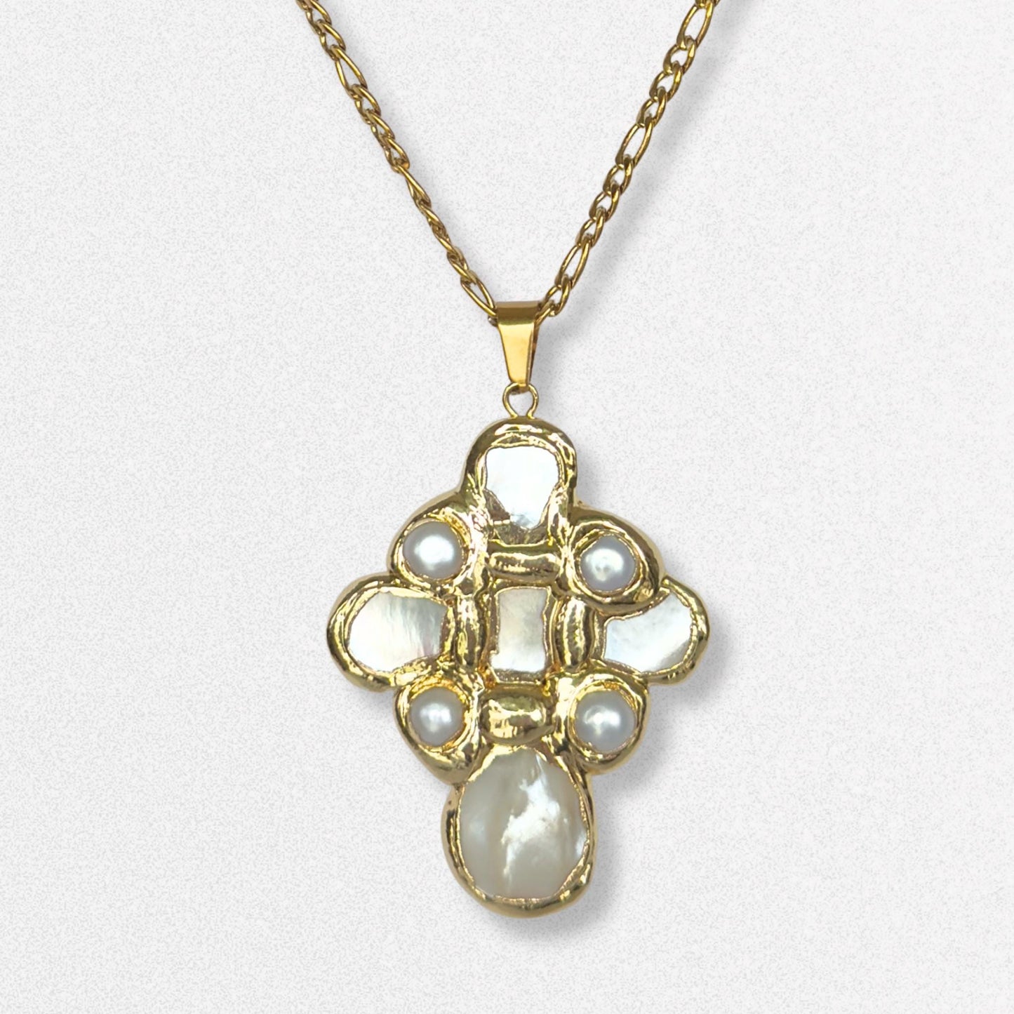 Vintage Style Pearl Cross Necklace - Freshwater Pearls, Mother of Pearl Statement, Romantic Feminine Jewelry