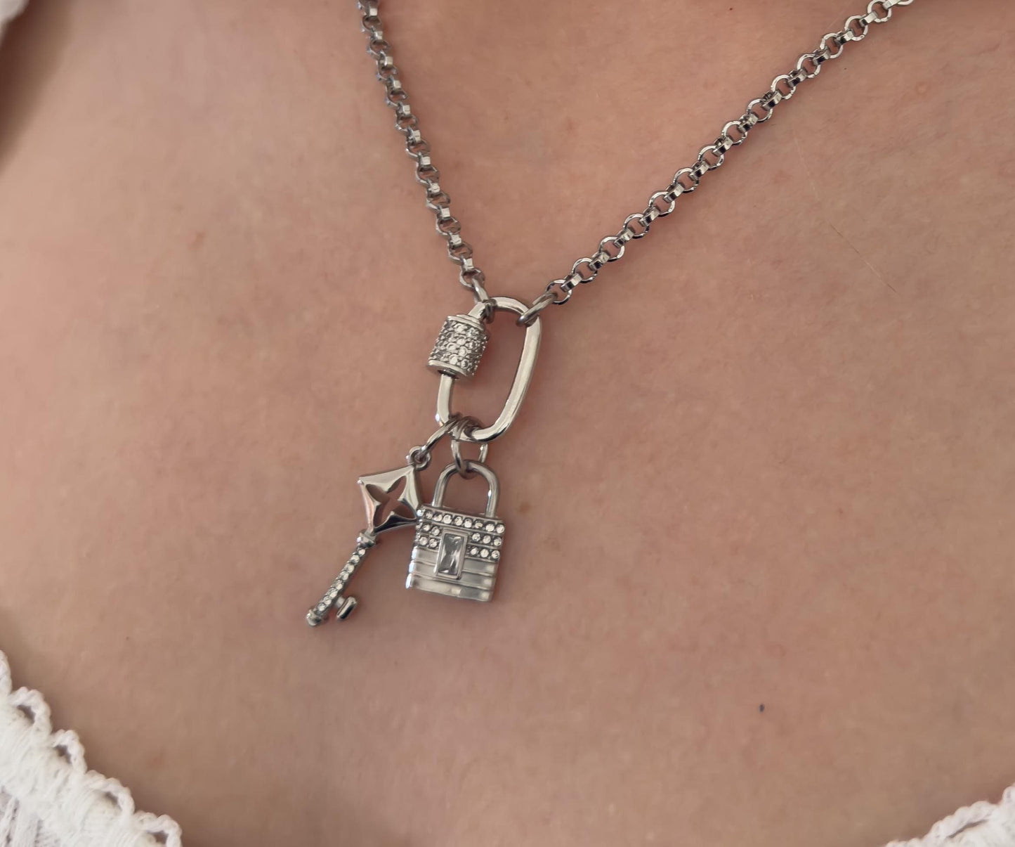 Silver Pave Carabiner Necklace, Mini Padlock & Key Charms, Stainless Steel Chain