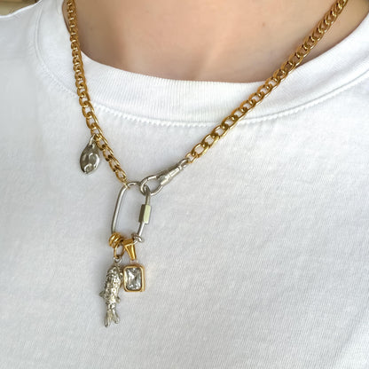 Mixed Metal Charm Necklace – Two Tone Fish Charm, Gold Crystal Accent & Abstract Hammered Detail