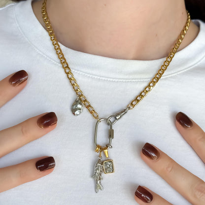 Mixed Metal Charm Necklace – Two Tone Fish Charm, Gold Crystal Accent & Abstract Hammered Detail