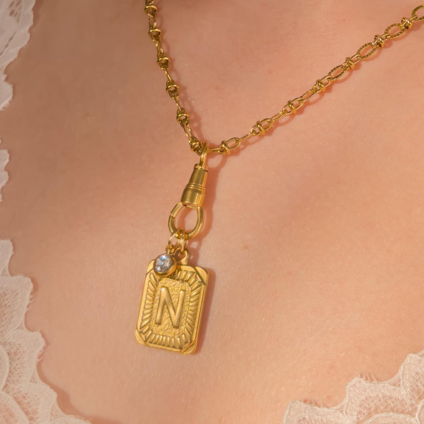 Gold Initial Necklace, Embossed Chain, Custom Letter Pendant