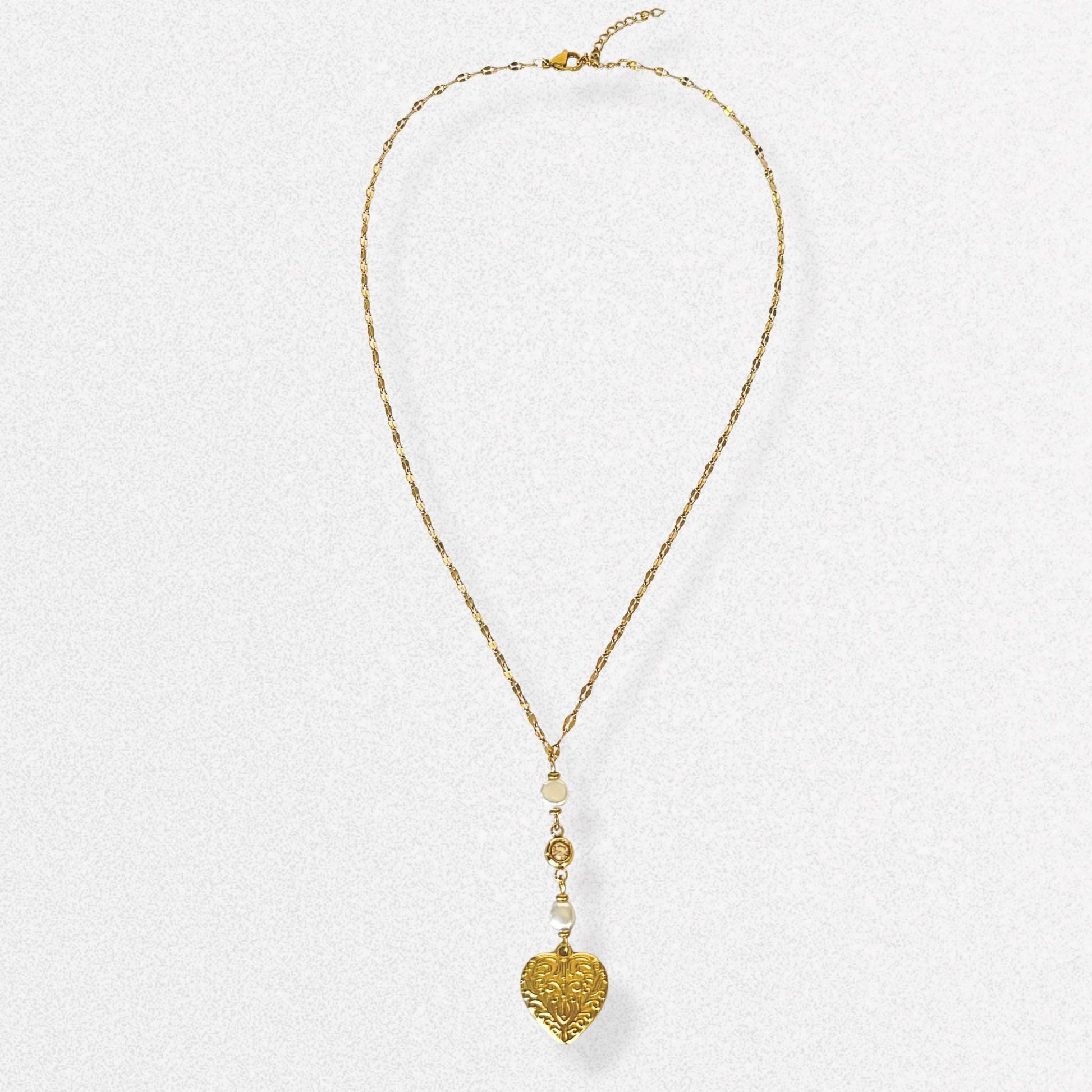 Vintage Style Heart Lariat Necklace - Freshwater Pearls & Crystals, Dainty Vintage Romantic Feminine Jewelry