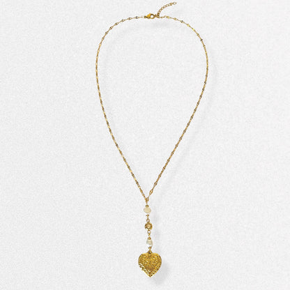 Vintage Style Heart Lariat Necklace - Freshwater Pearls & Crystals, Dainty Vintage Romantic Feminine Jewelry