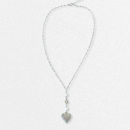 Vintage Style Silver Heart Lariat Necklace - Freshwater Pearls & Crystals, Dainty Antique Romantic Feminine Jewelry