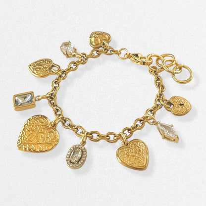 Vintage Style Hearts Charm Bracelet - Crystals, Dainty Vintage Romantic Feminine Jewelry, Stainless Steel