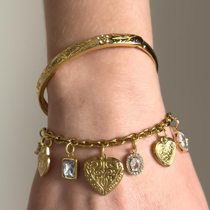 Vintage Style Hearts Charm Bracelet - Crystals, Dainty Vintage Romantic Feminine Jewelry, Stainless Steel