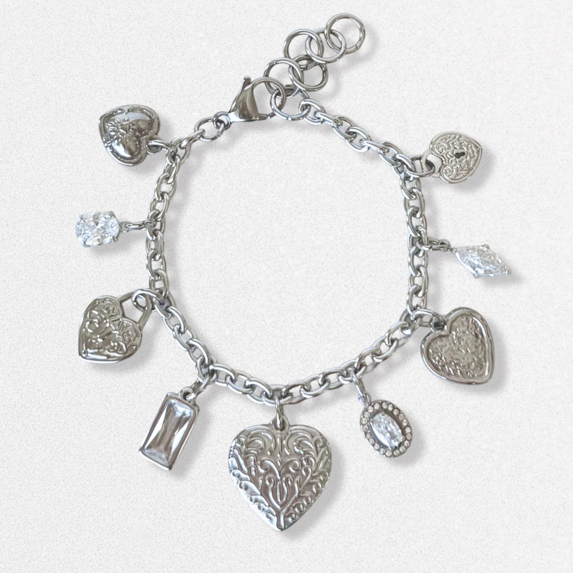 Vintage Style Hearts Charm Bracelet - Crystals, Silver Dainty Vintage Romantic Feminine Jewelry, Stainless Steel