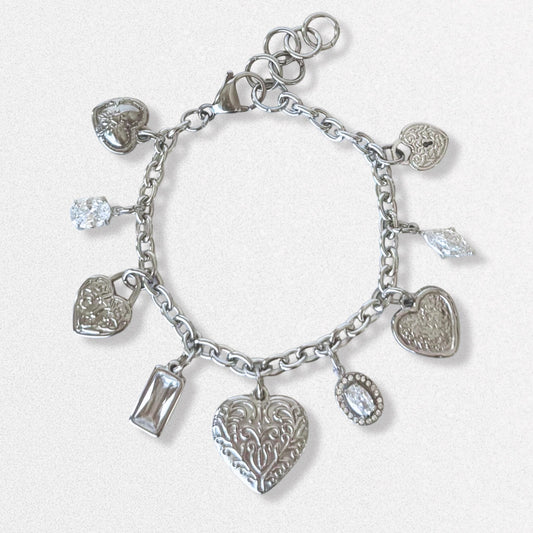 Vintage Style Hearts Charm Bracelet - Crystals, Silver Dainty Vintage Romantic Feminine Jewelry, Stainless Steel