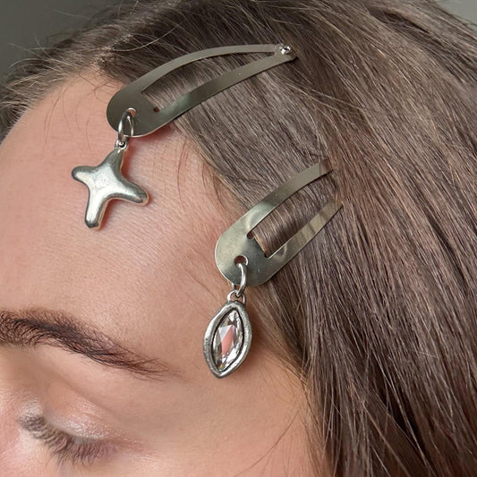 Charm Hair Clips - Puffy Cross, Swarovski Crystal and Dangling Fish Silver Hair Accessories