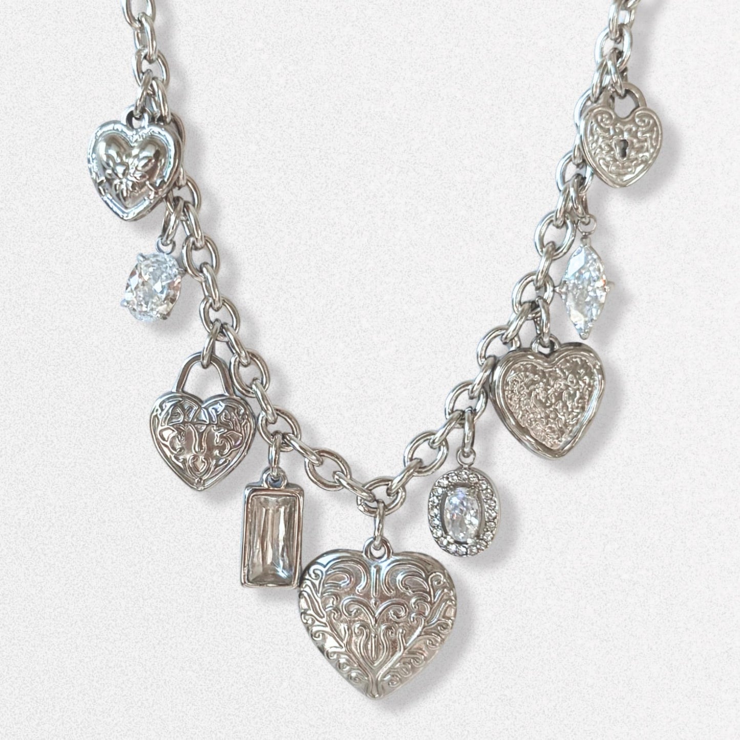 Vintage Style Hearts Charm Necklace - Crystals, Silver Dainty Vintage Romantic Feminine Jewelry, Stainless Steel