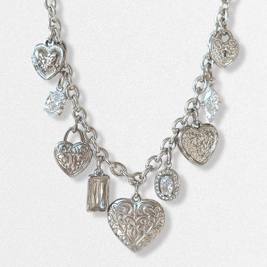 Vintage Style Hearts Charm Necklace - Crystals, Silver Dainty Vintage Romantic Feminine Jewelry, Stainless Steel
