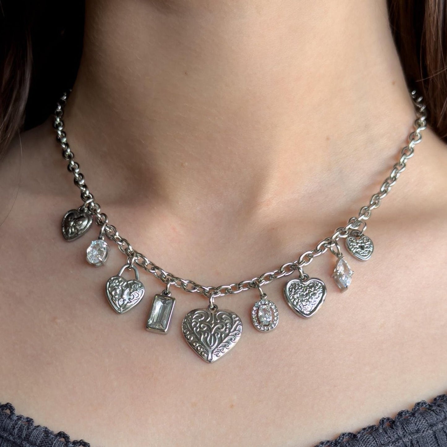 Vintage Style Hearts Charm Necklace - Crystals, Silver Dainty Vintage Romantic Feminine Jewelry, Stainless Steel