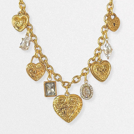 Vintage Style Hearts Charm Necklace - Crystals, Gold Dainty Vintage Romantic Feminine Jewelry, Stainless Steel