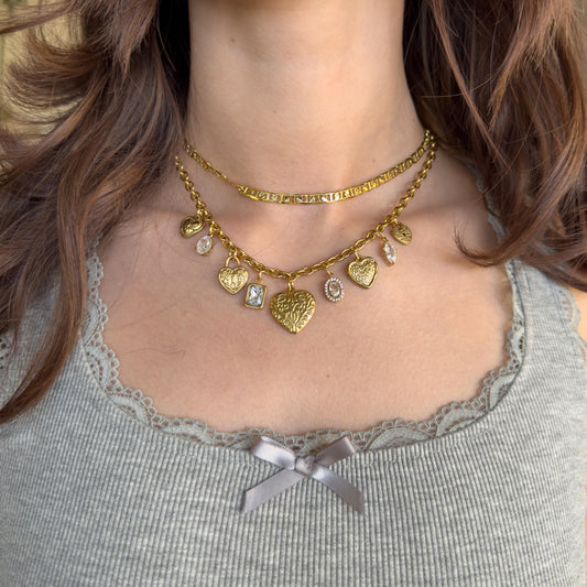 Vintage Style Hearts Charm Necklace - Crystals, Gold Dainty Vintage Romantic Feminine Jewelry, Stainless Steel