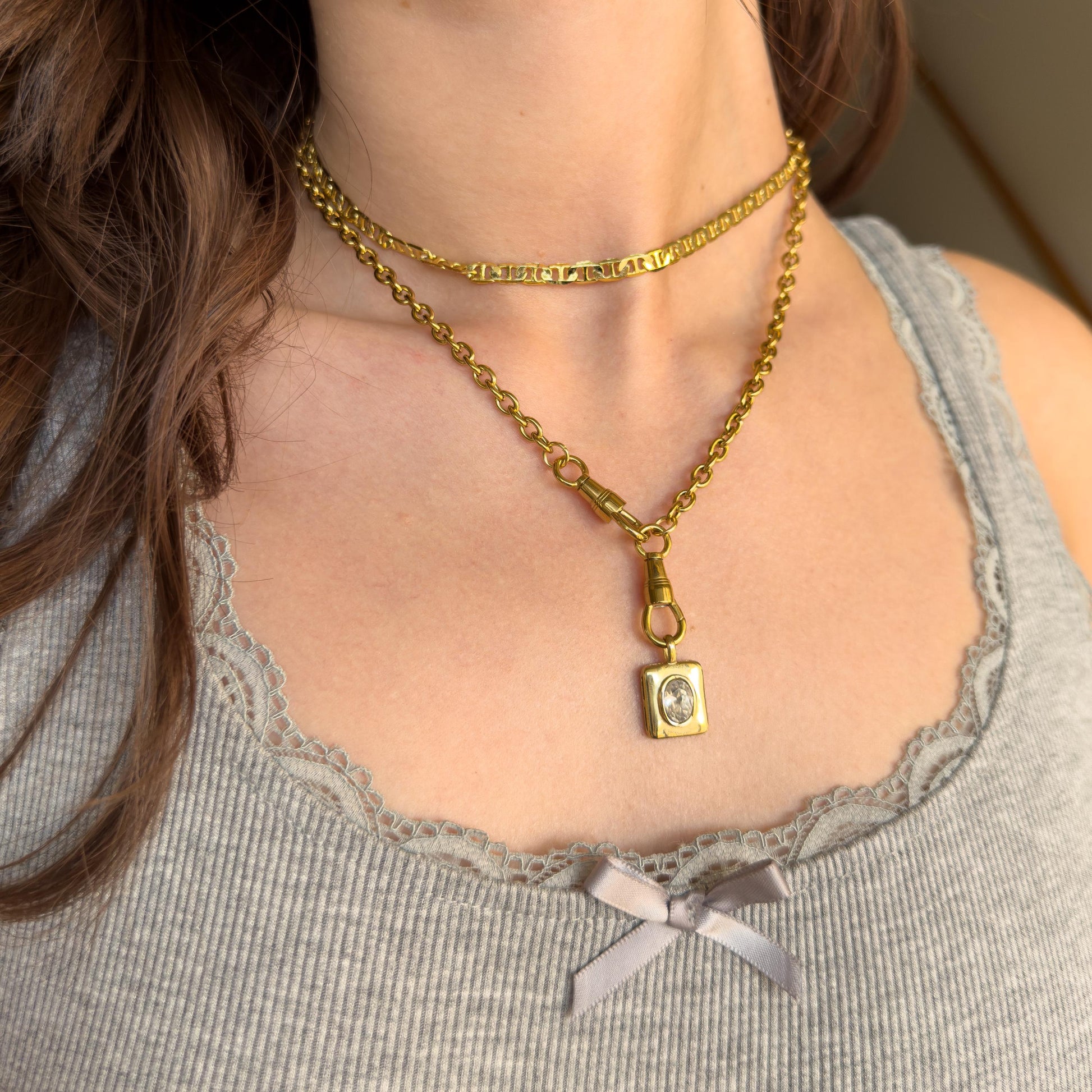 18k Gold Vintage Style Rectangular Crystal Necklace - Stainless Steel Layering Antique Style Jewelry