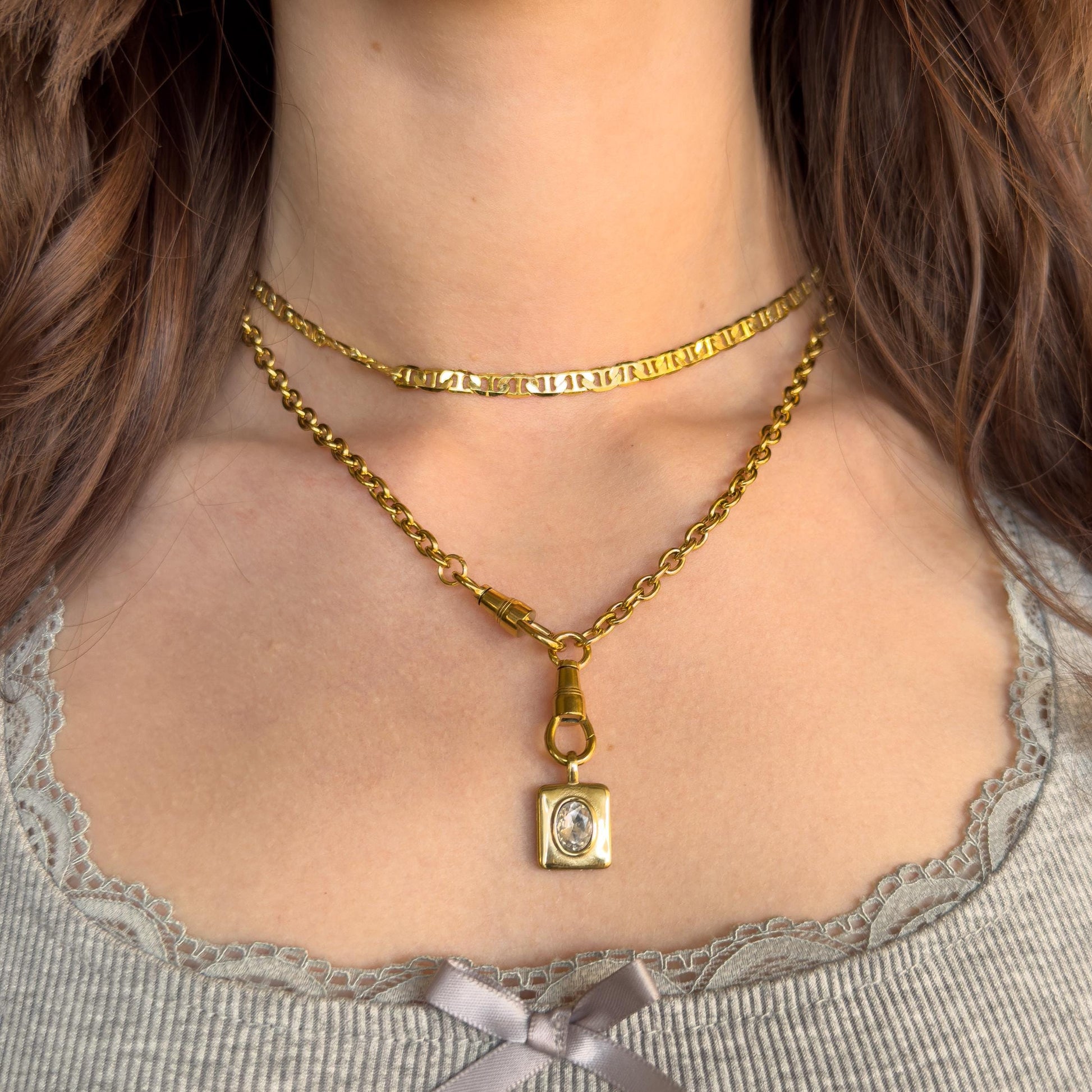 18k Gold Vintage Style Rectangular Crystal Necklace - Stainless Steel Layering Antique Style Jewelry