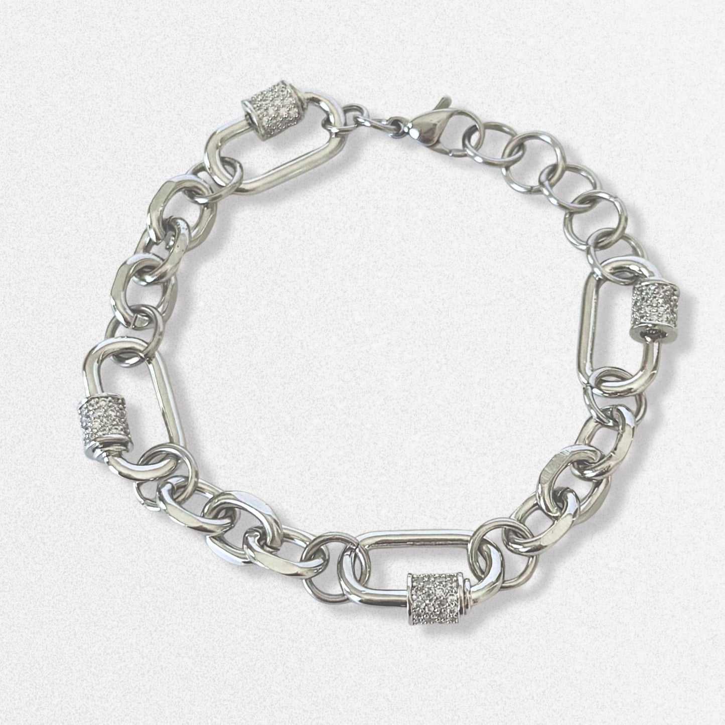 Silver Pave Carabiner Bracelet - Cz Crystals, Futuristic Bold Statement Jewelry, Stainless Steel