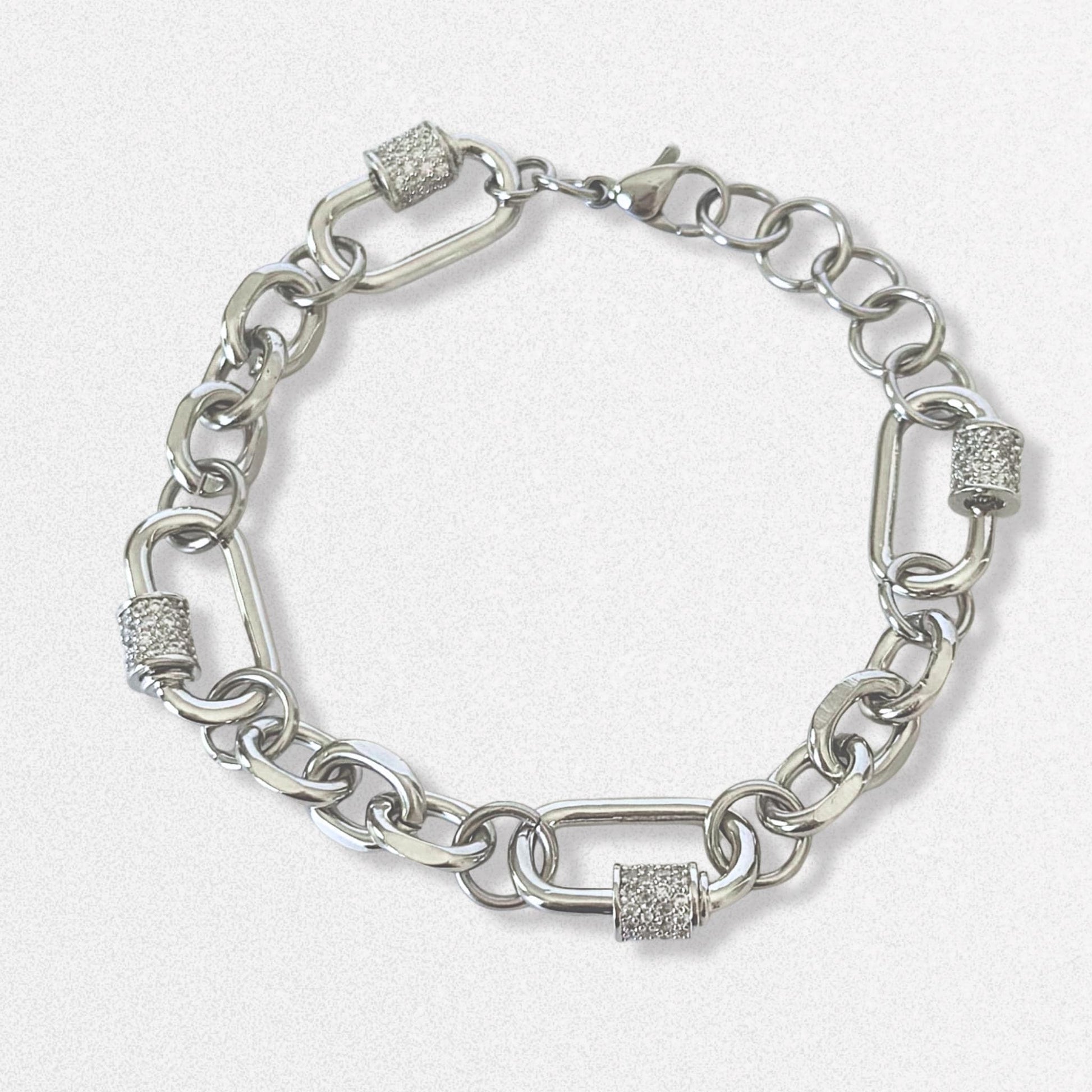 Silver Pave Carabiner Bracelet - Cz Crystals, Futuristic Bold Statement Jewelry, Stainless Steel