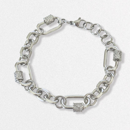 Silver Pave Carabiner Bracelet - Cz Crystals, Futuristic Bold Statement Jewelry, Stainless Steel