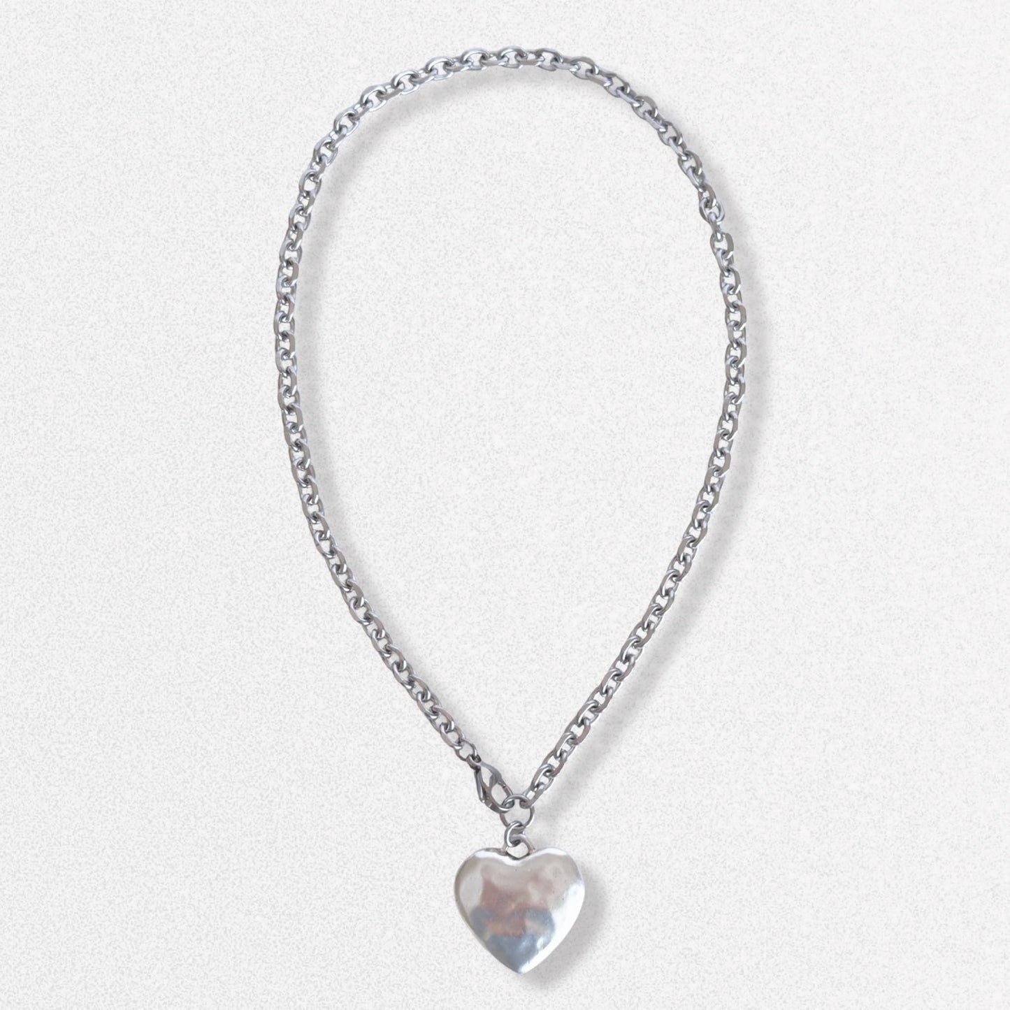 Silver Puffy Heart Pendant Necklace - Hammered Antiqued Silver Jewelry with Stainless Steel Chain