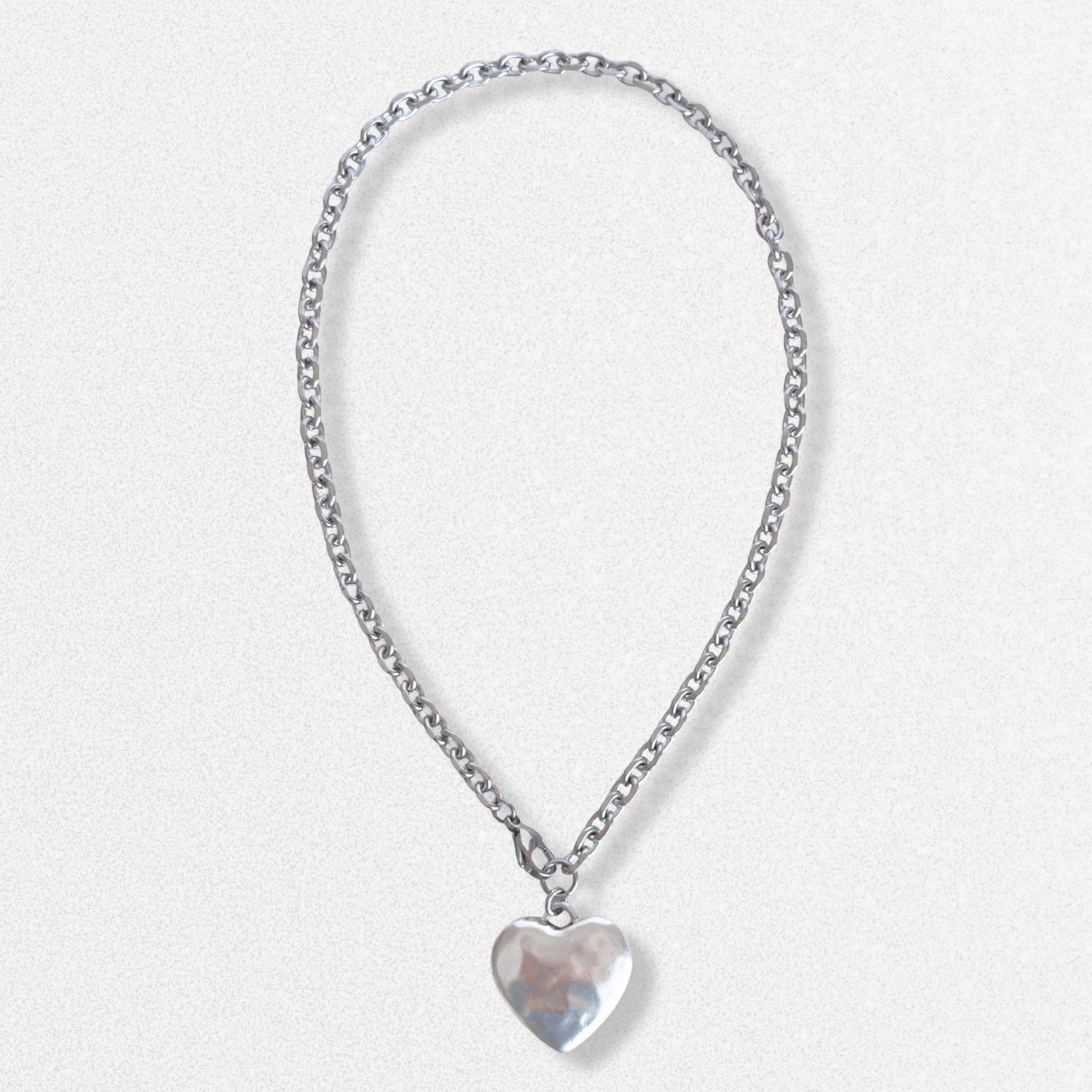 Silver Puffy Heart Pendant Necklace - Hammered Antiqued Silver Jewelry with Stainless Steel Chain