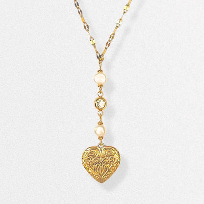 Vintage Style Heart Lariat Necklace - Freshwater Pearls & Crystals, Dainty Vintage Romantic Feminine Jewelry