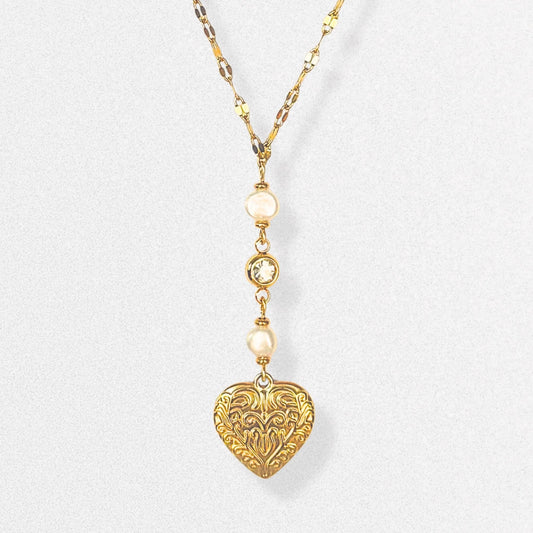 Vintage Style Heart Lariat Necklace - Freshwater Pearls & Crystals, Dainty Vintage Romantic Feminine Jewelry