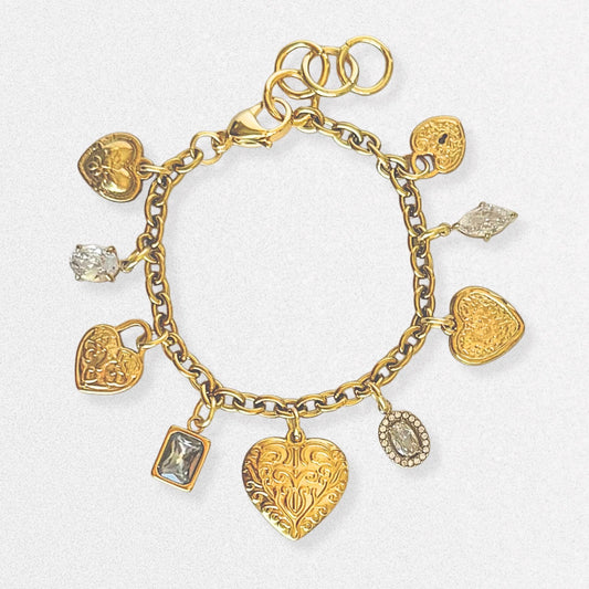 Vintage Style Hearts Charm Bracelet - Crystals, Dainty Vintage Romantic Feminine Jewelry, Stainless Steel