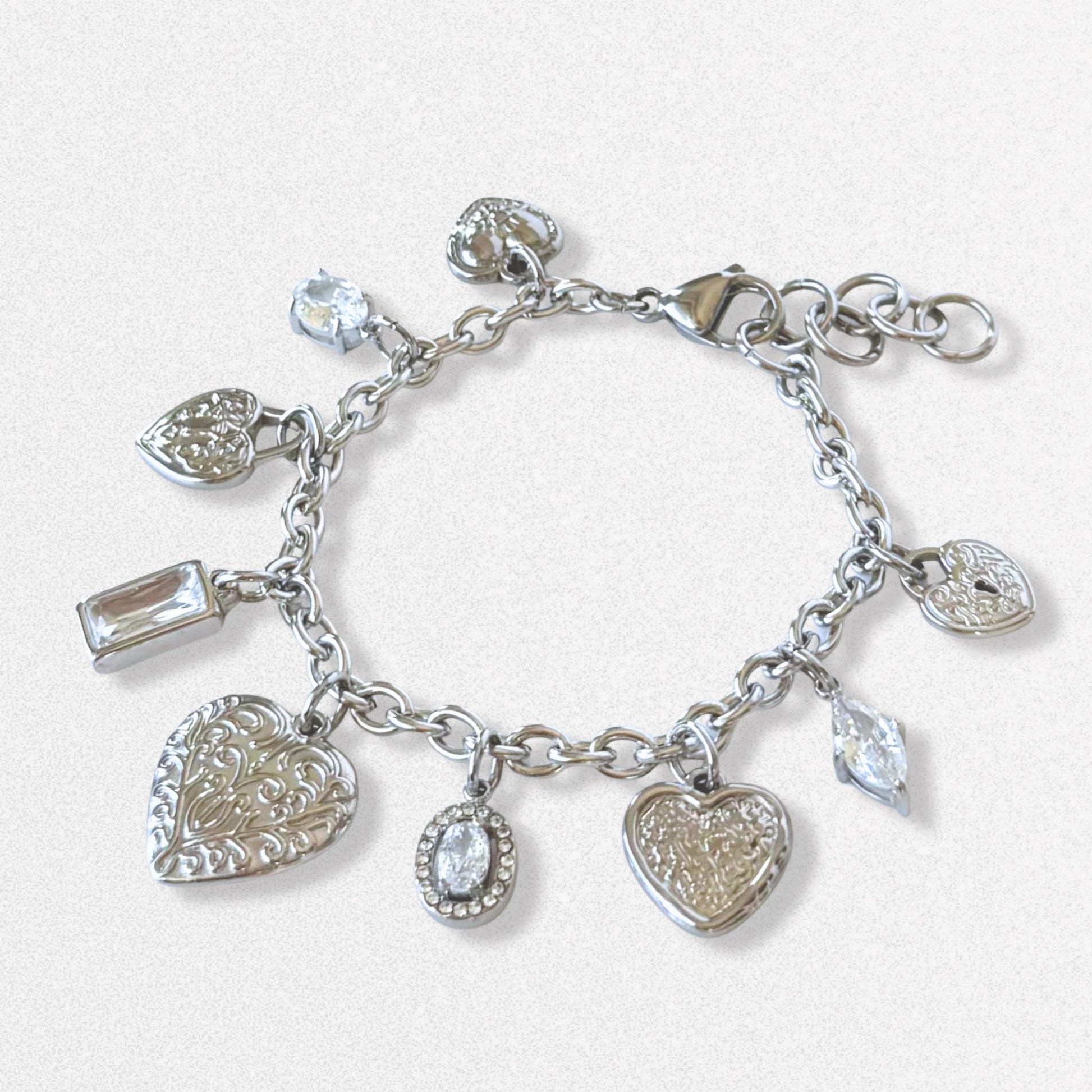 Vintage Style Hearts Charm Bracelet - Crystals, Silver Dainty Vintage Romantic Feminine Jewelry, Stainless Steel