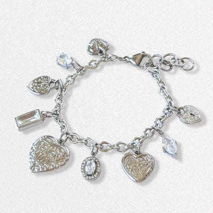 Vintage Style Hearts Charm Bracelet - Crystals, Silver Dainty Vintage Romantic Feminine Jewelry, Stainless Steel