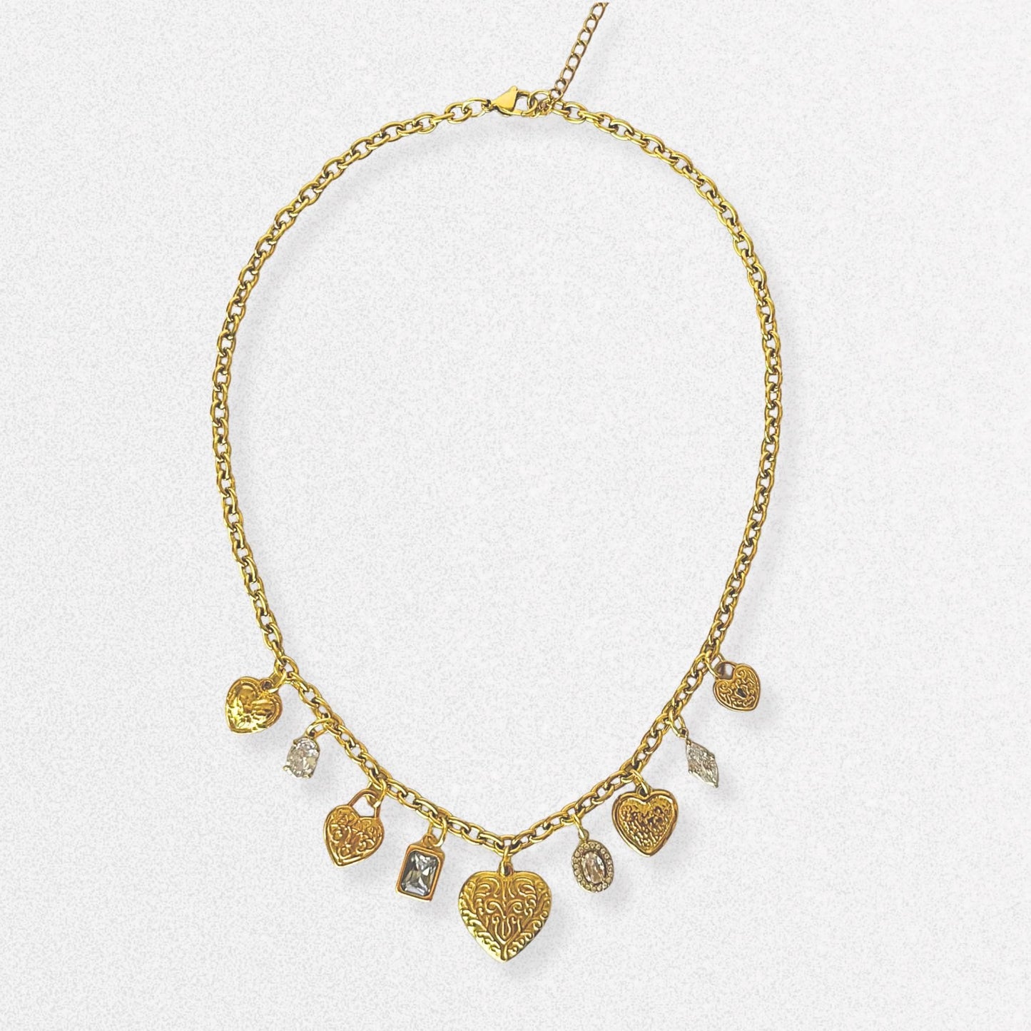 Vintage Style Hearts Charm Necklace - Crystals, Gold Dainty Vintage Romantic Feminine Jewelry, Stainless Steel