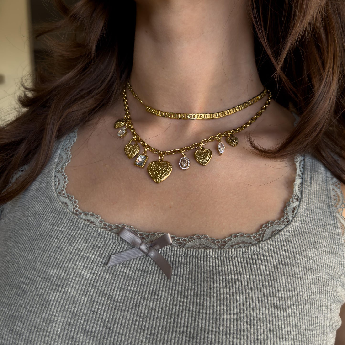 Vintage Style Hearts Charm Necklace - Crystals, Gold Dainty Vintage Romantic Feminine Jewelry, Stainless Steel