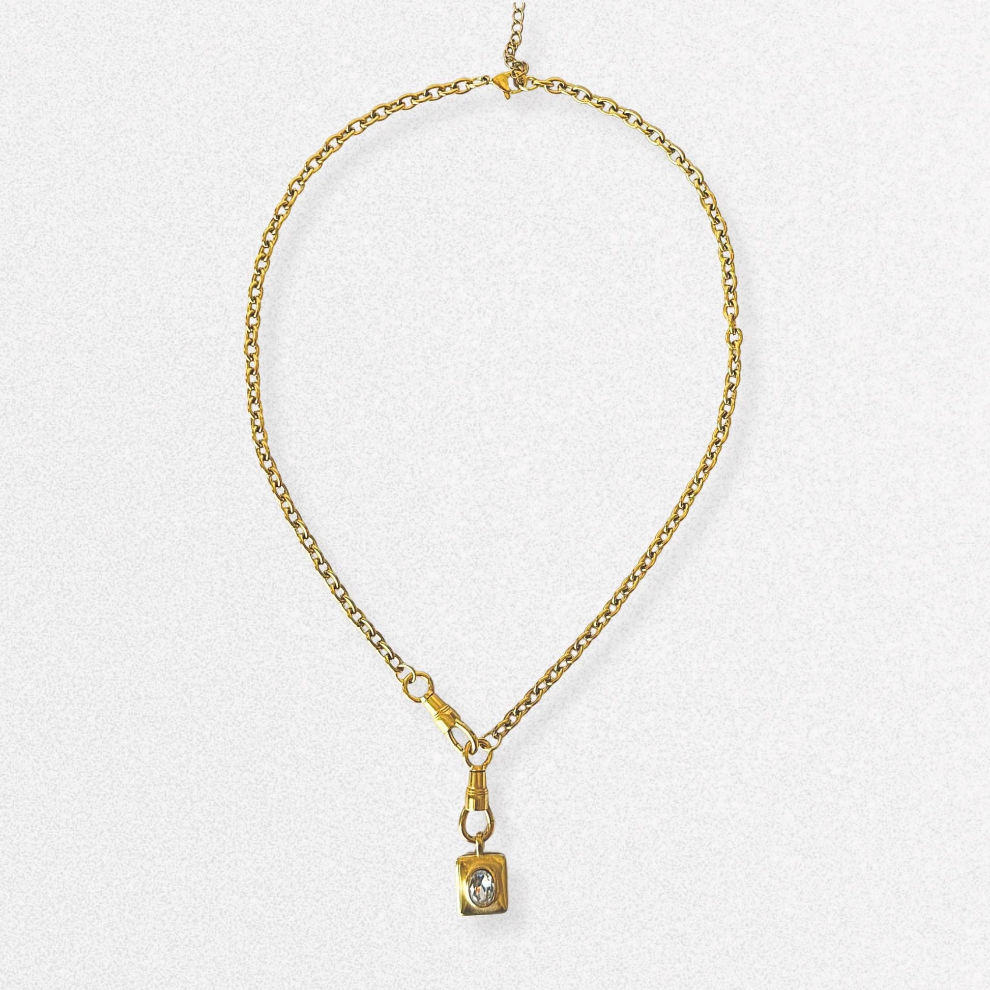 18k Gold Vintage Style Rectangular Crystal Necklace - Stainless Steel Layering Antique Style Jewelry