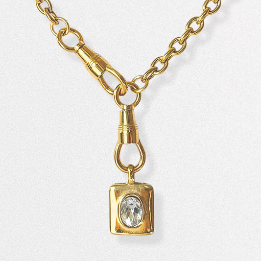 18k Gold Vintage Style Rectangular Crystal Necklace - Stainless Steel Layering Antique Style Jewelry