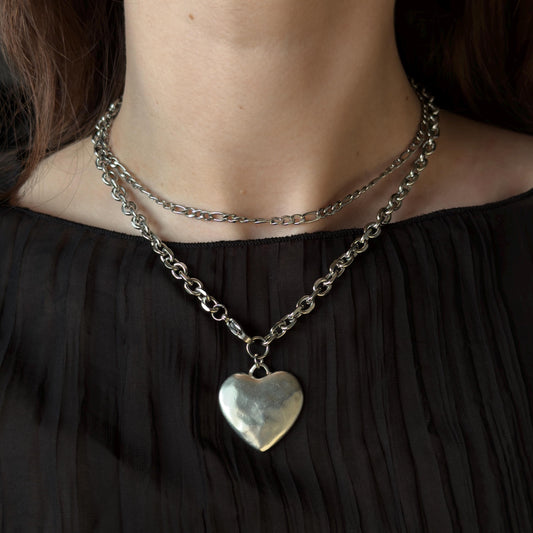 Silver Puffy Heart Pendant Necklace - Hammered Antiqued Silver Jewelry with Stainless Steel Chain