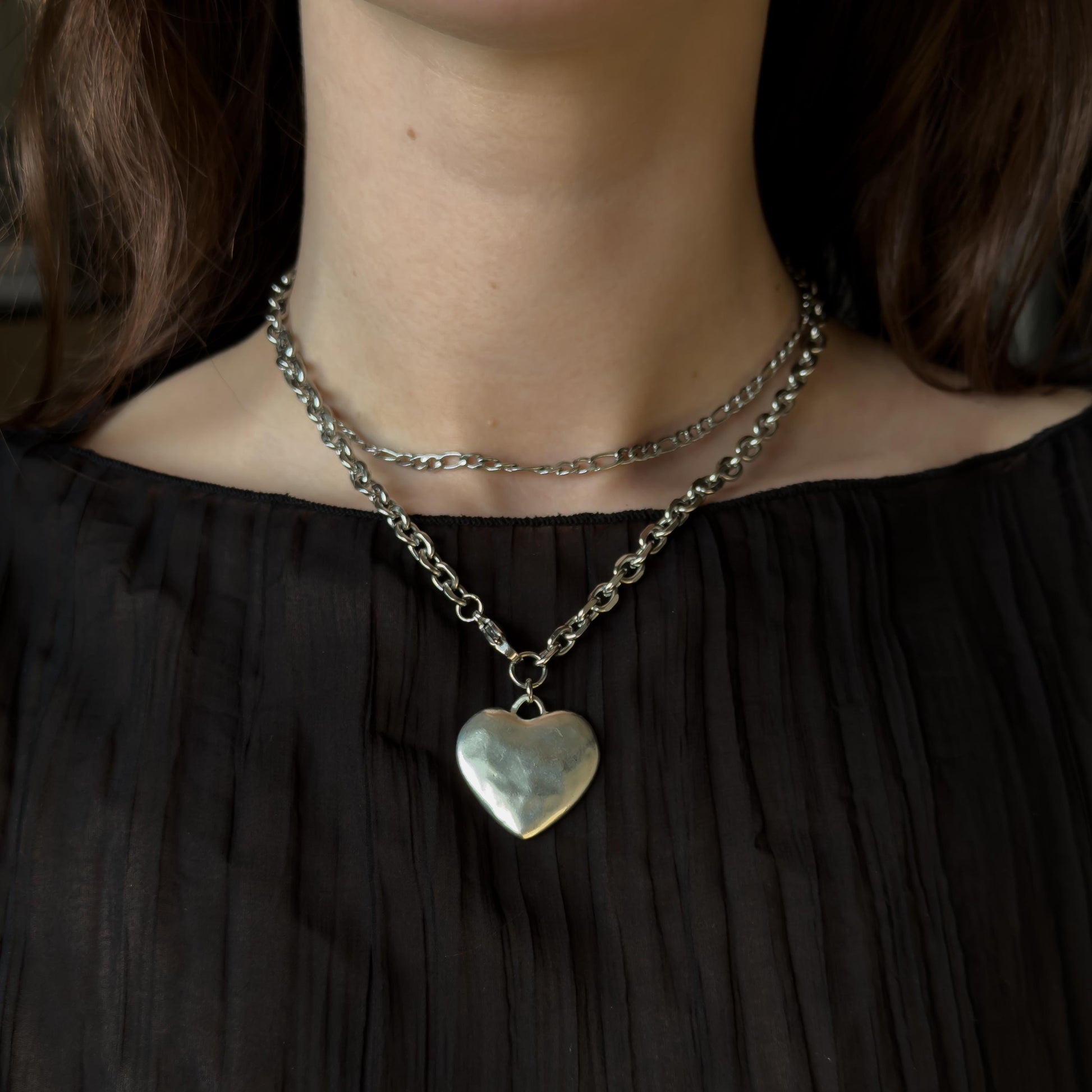 Silver Puffy Heart Pendant Necklace - Hammered Antiqued Silver Jewelry with Stainless Steel Chain
