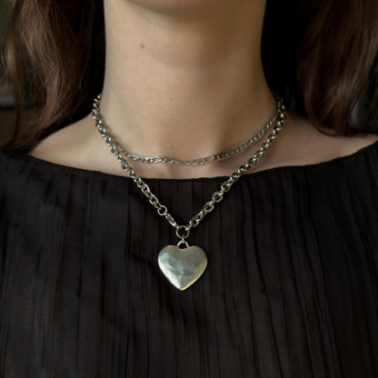 Silver Puffy Heart Pendant Necklace - Hammered Antiqued Silver Jewelry with Stainless Steel Chain
