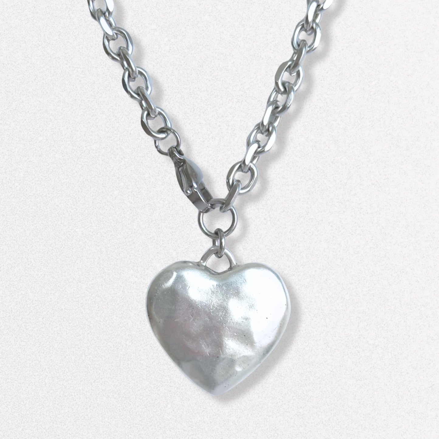 Silver Puffy Heart Pendant Necklace - Hammered Antiqued Silver Jewelry with Stainless Steel Chain