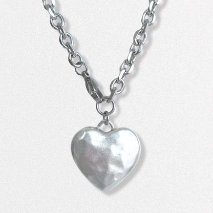 Silver Puffy Heart Pendant Necklace - Hammered Antiqued Silver Jewelry with Stainless Steel Chain
