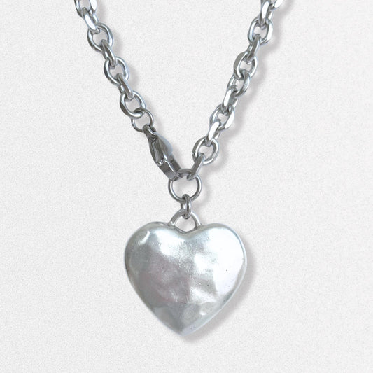 Silver Puffy Heart Pendant Necklace - Hammered Antiqued Silver Jewelry with Stainless Steel Chain