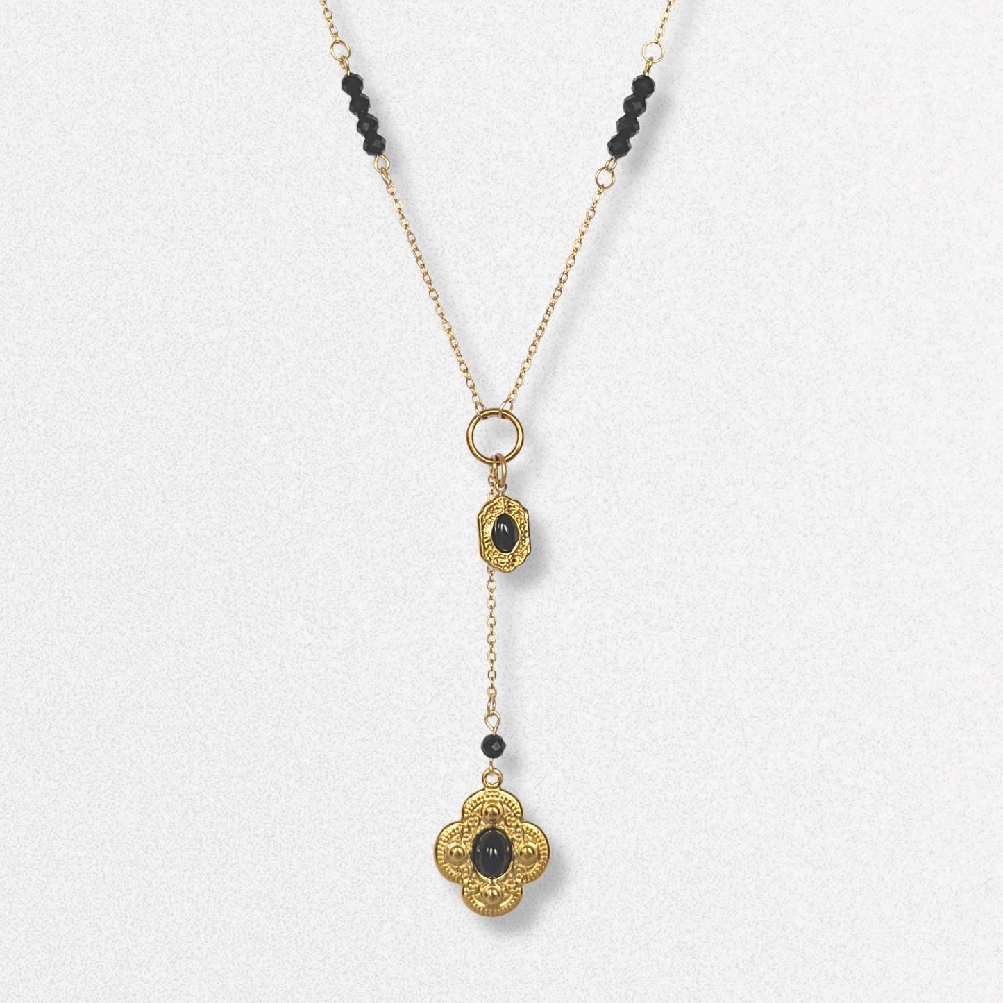 Vintage Style Lariat Necklace - Gold and Black Charms, Dainty Vintage Romantic Feminine Jewelry