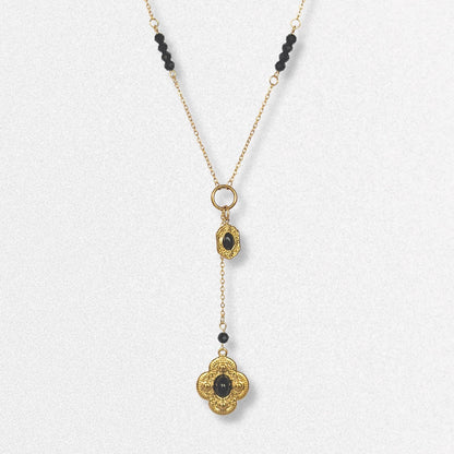 Vintage Style Lariat Necklace - Gold and Black Charms, Dainty Vintage Romantic Feminine Jewelry