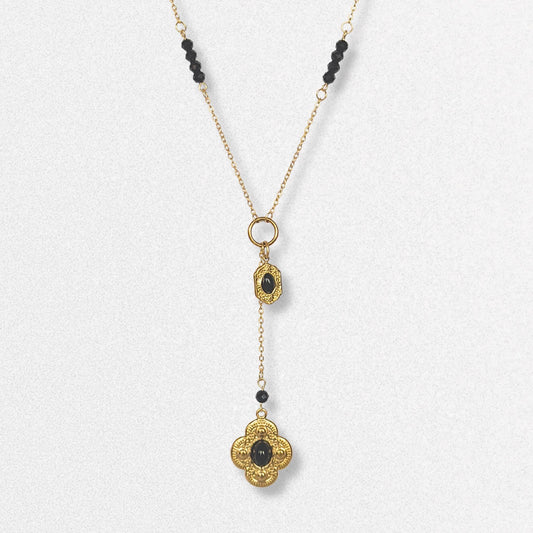 Vintage Style Lariat Necklace - Gold and Black Charms, Dainty Vintage Romantic Feminine Jewelry