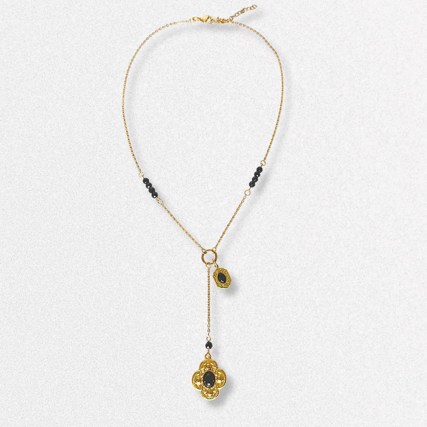 Vintage Style Lariat Necklace - Gold and Black Charms, Dainty Vintage Romantic Feminine Jewelry